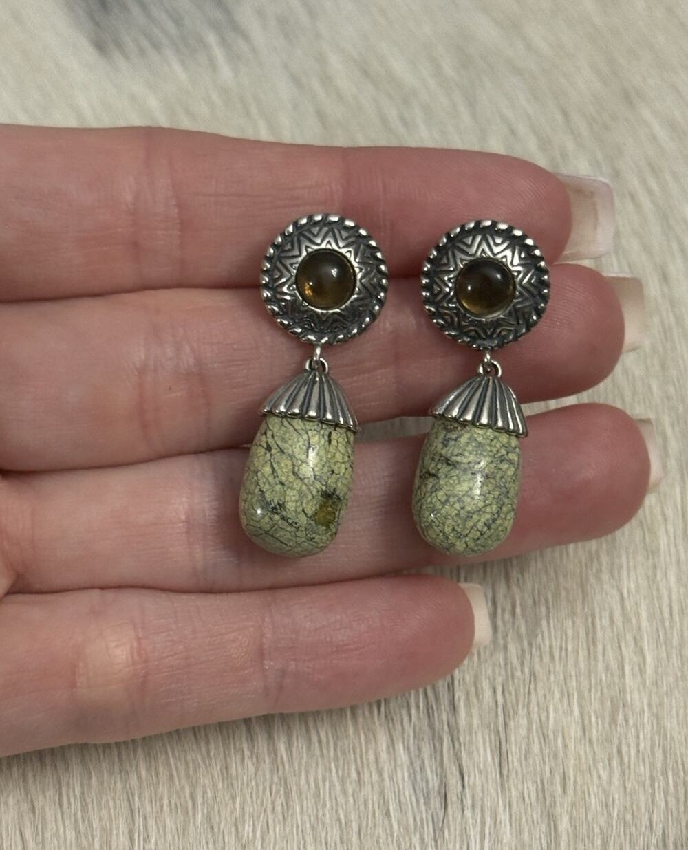 Carolyn Pollack Relios Sterling Silver Amber & Green Jasper Stud Dangle Earrings